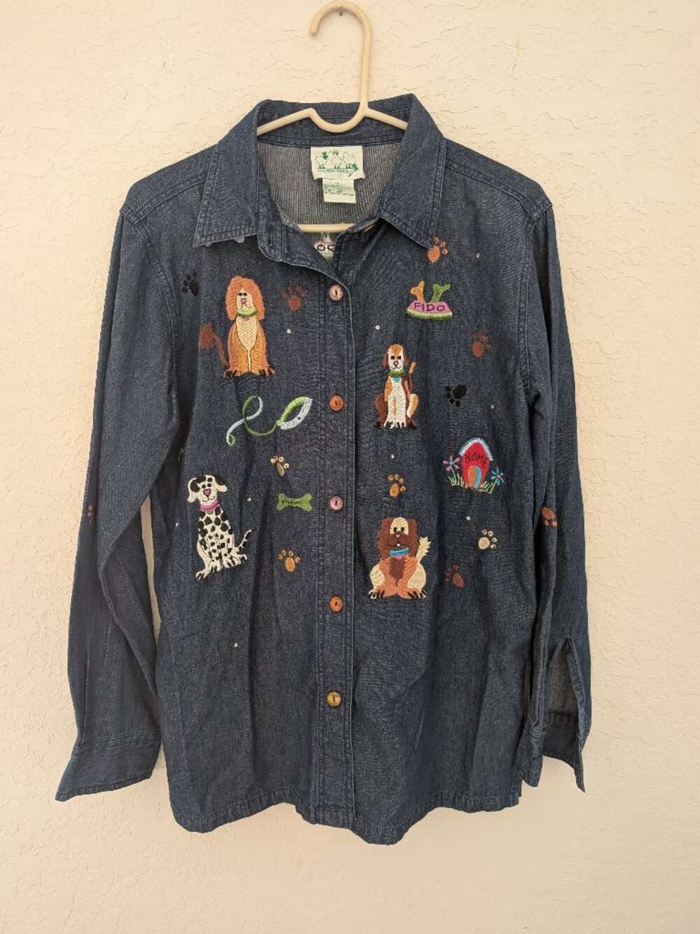 Vintage Quacker Factory Denim Button Up Long Sleeved Dog Embroidered Size S